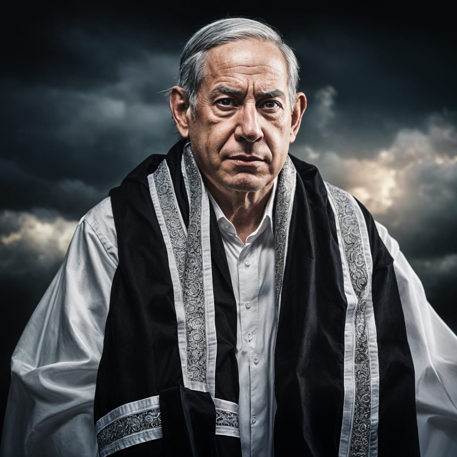 Netanyahu Praying in Jewish Tallit: Hyperrealistic Image