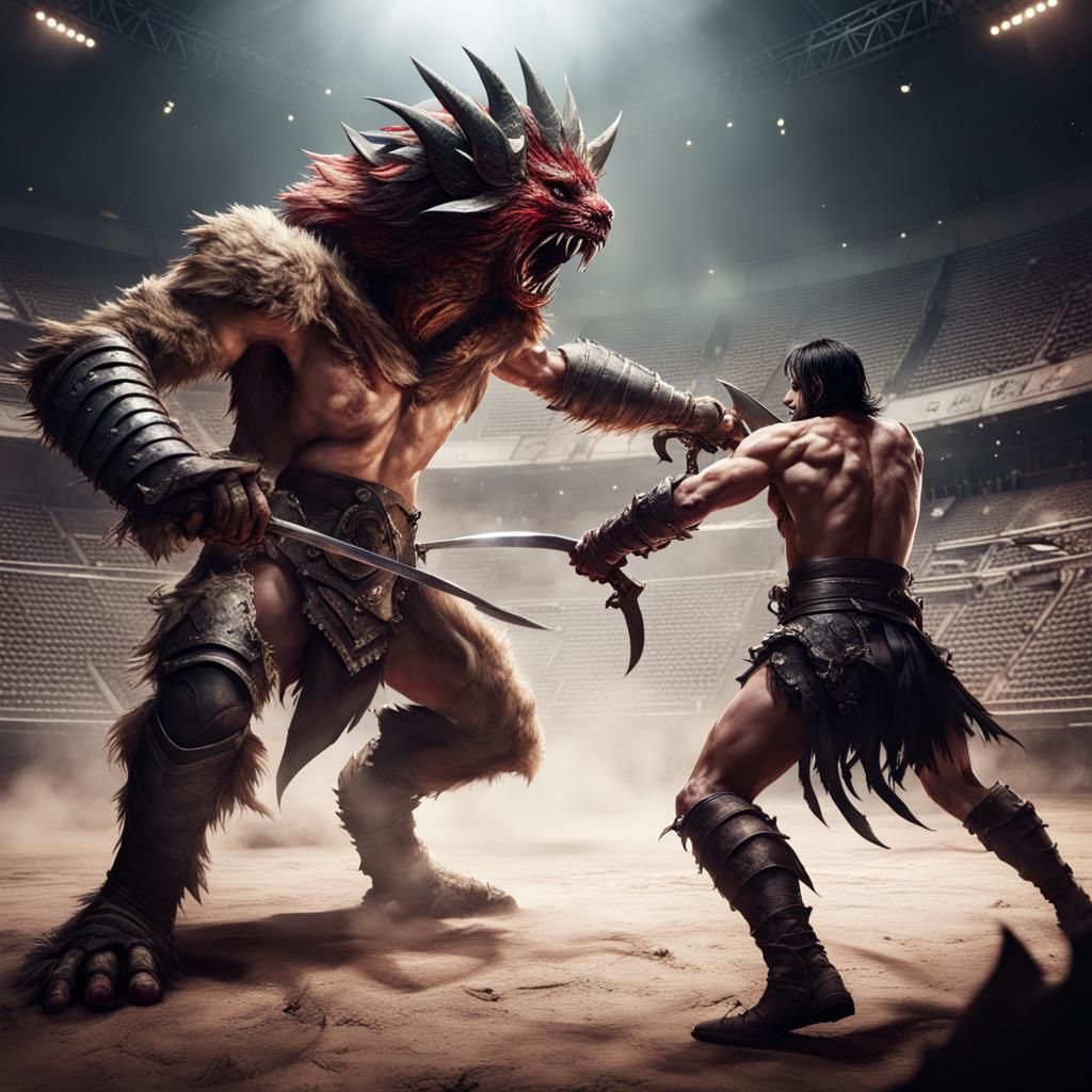 a fight between a male warrior and a horrible monster in an ...