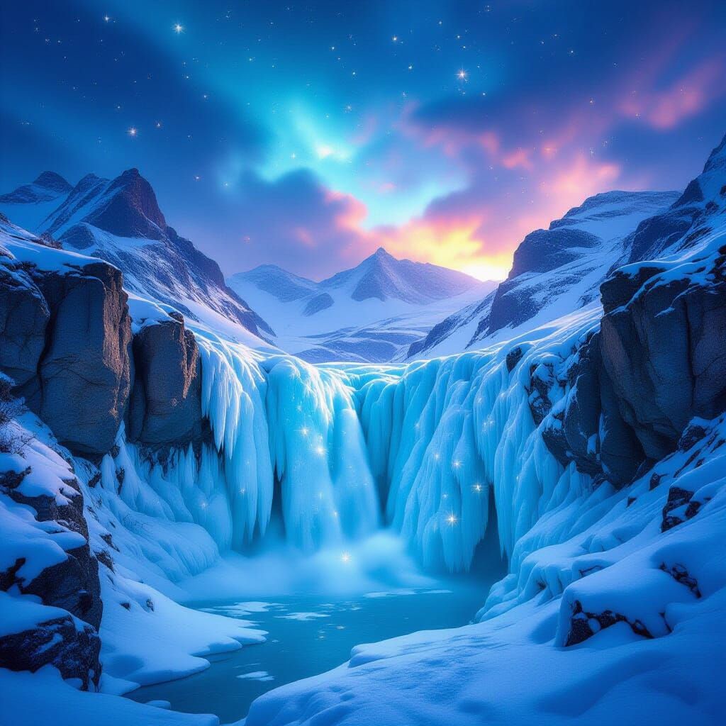 Surreal Frozen Waterfall with Luminous Sparks