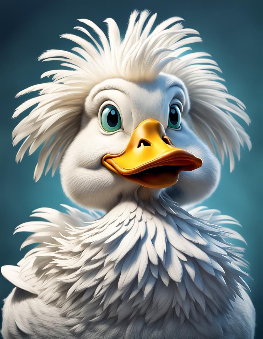 very fluffy CGI duck, happy, funny caricature, intricately d...