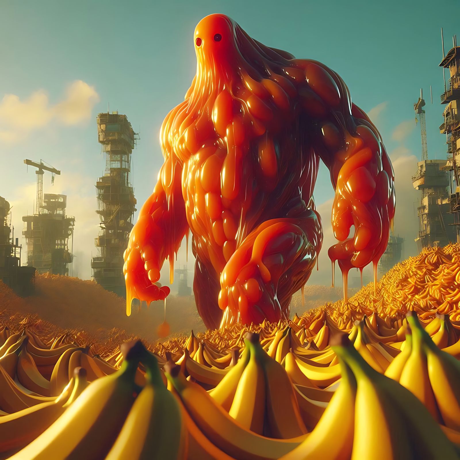 A ominous jelly blob fudge antropomorphic muscular figure wa...