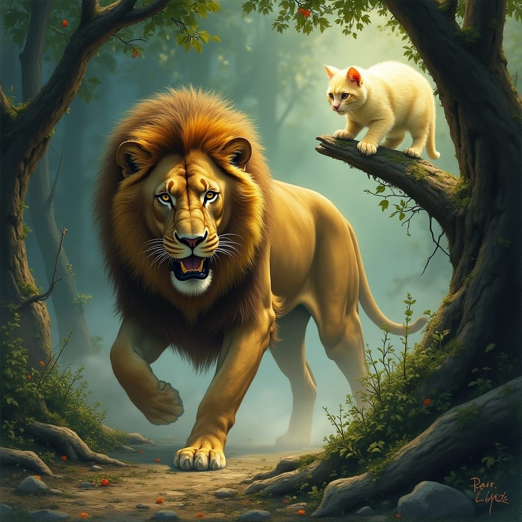 Majestic Lion Emerges from the Underbrush in a Dreamlike Lan...