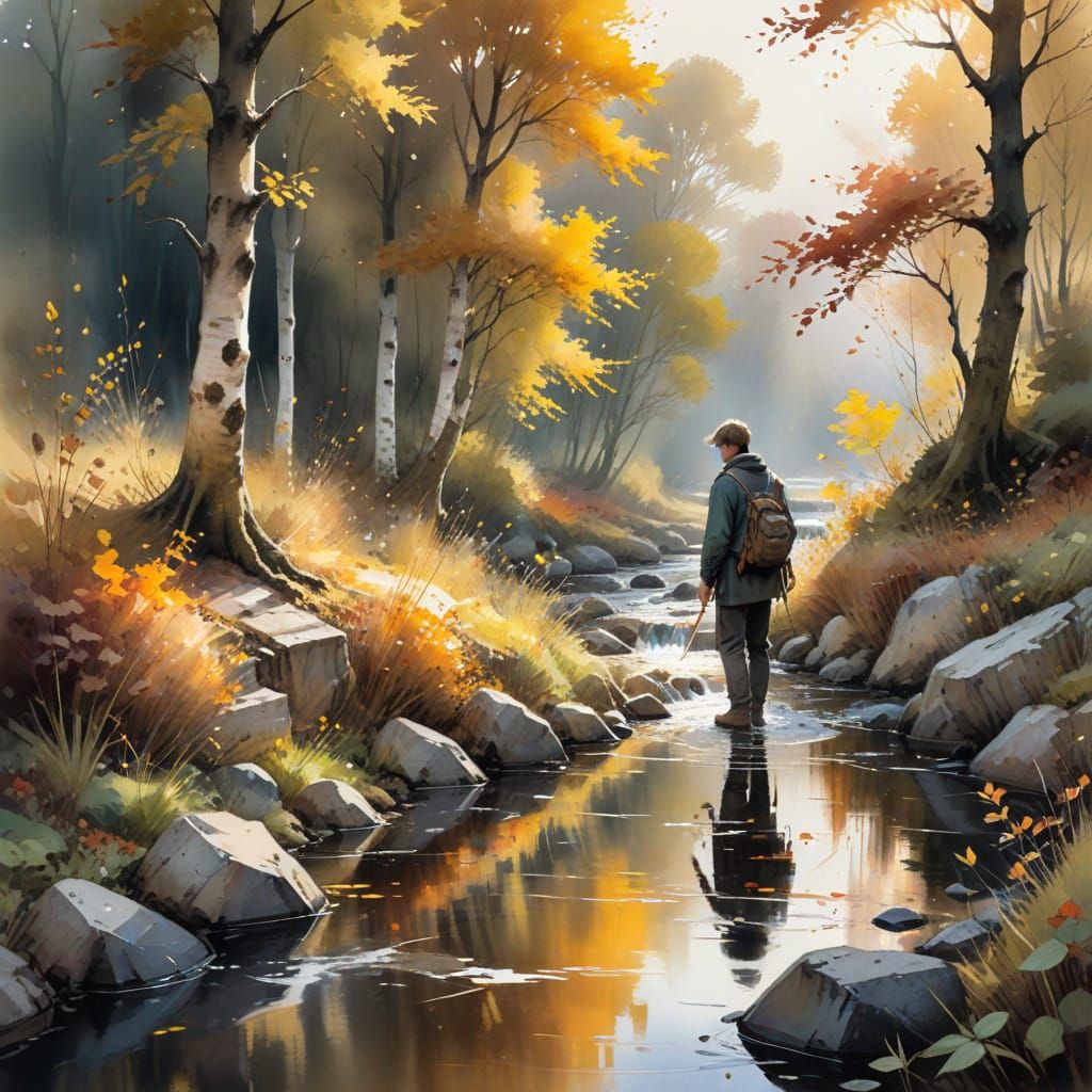 Creation Summary by Vincent 
Artist Capturing Autumn Colors by Stream in Golden Light
This image shows an artist by a st...