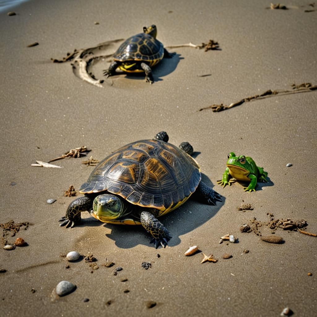 Turtle staring a frog at the beach during summer