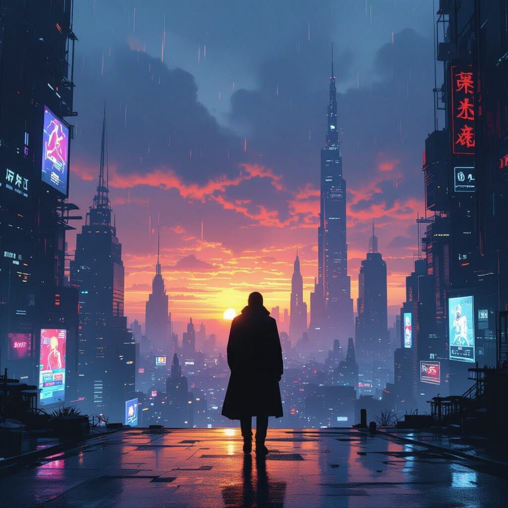 Cyberpunk Sunrise Silhouette in Futuristic Cityscape