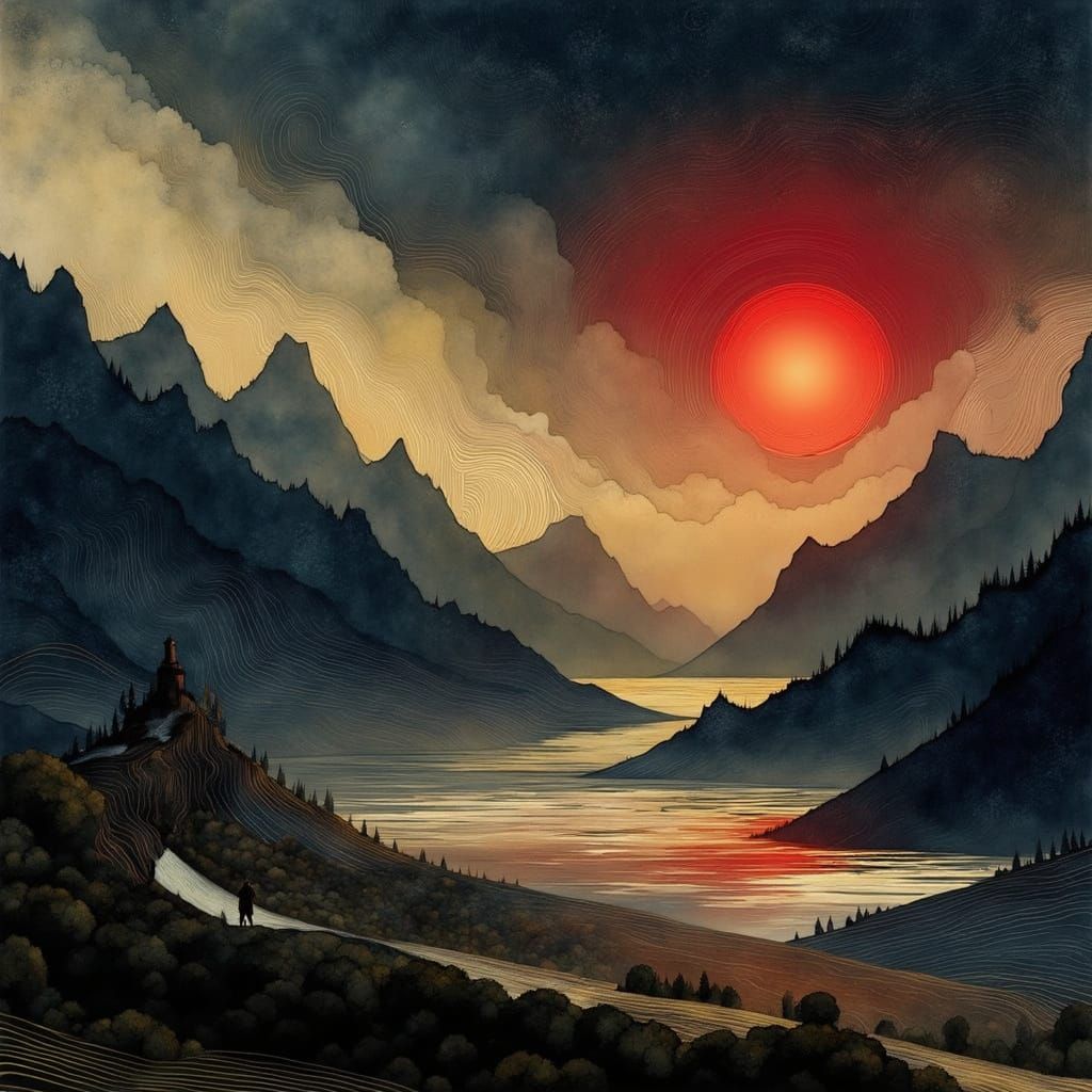 In the hush between peaks and dusk, the sun bled softly into silence as if the mountains_026