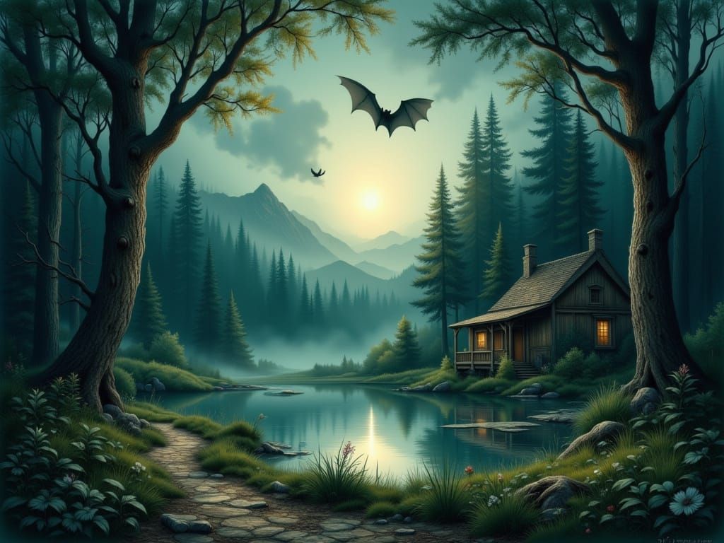 Ethereal Moonlit Forest Cabin Digital Painting