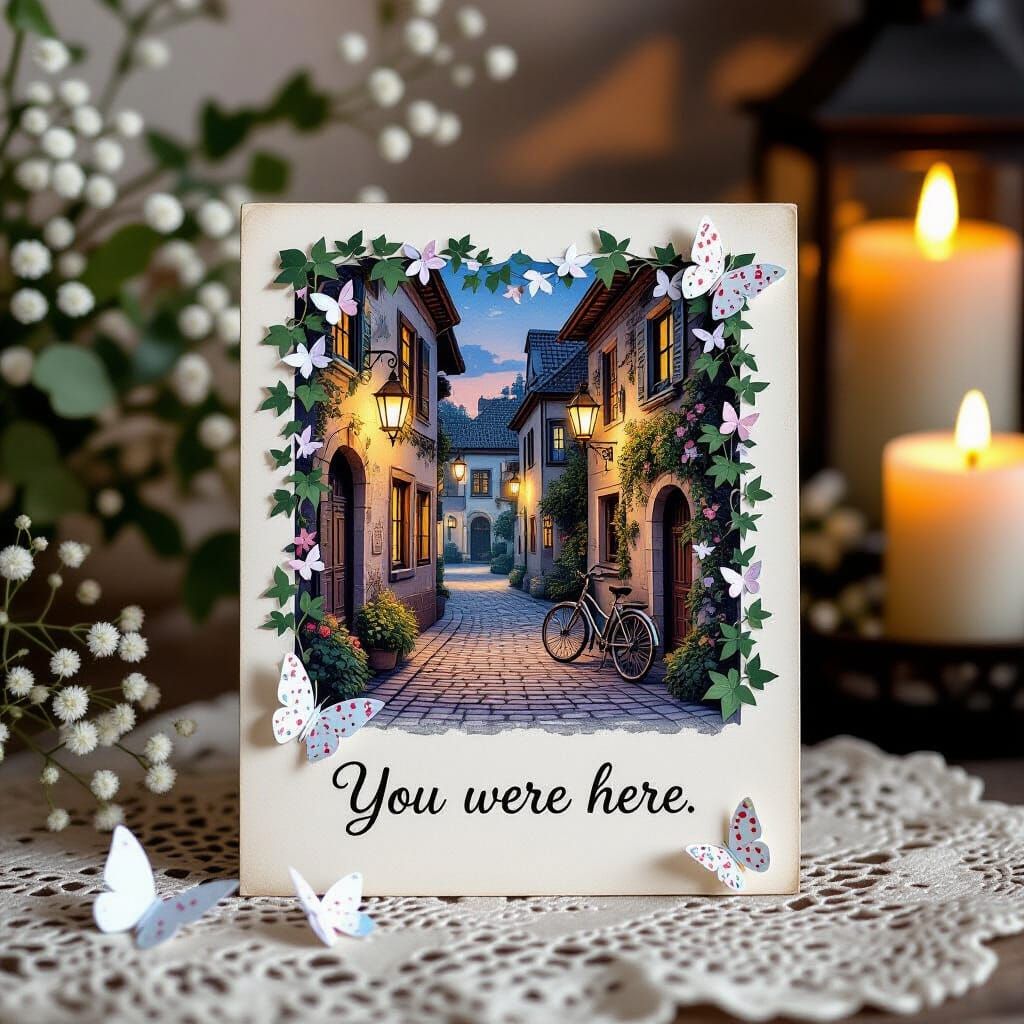 Vintage Postcard with Twilight Street Scene