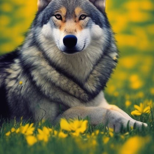 wolf with flowers majestic   by @Team Marlowe