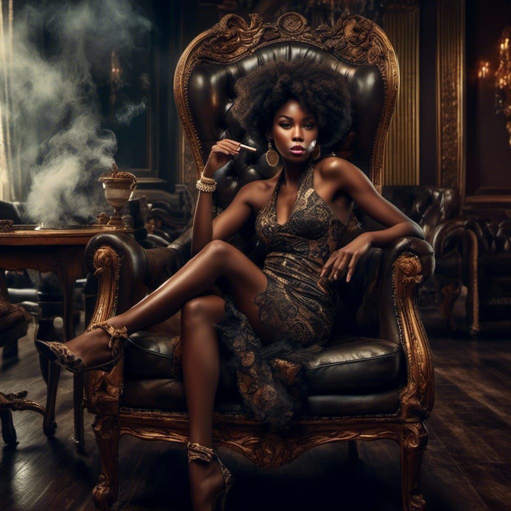 beautiful black woman smoking a cigar, sitting in a beautifu...