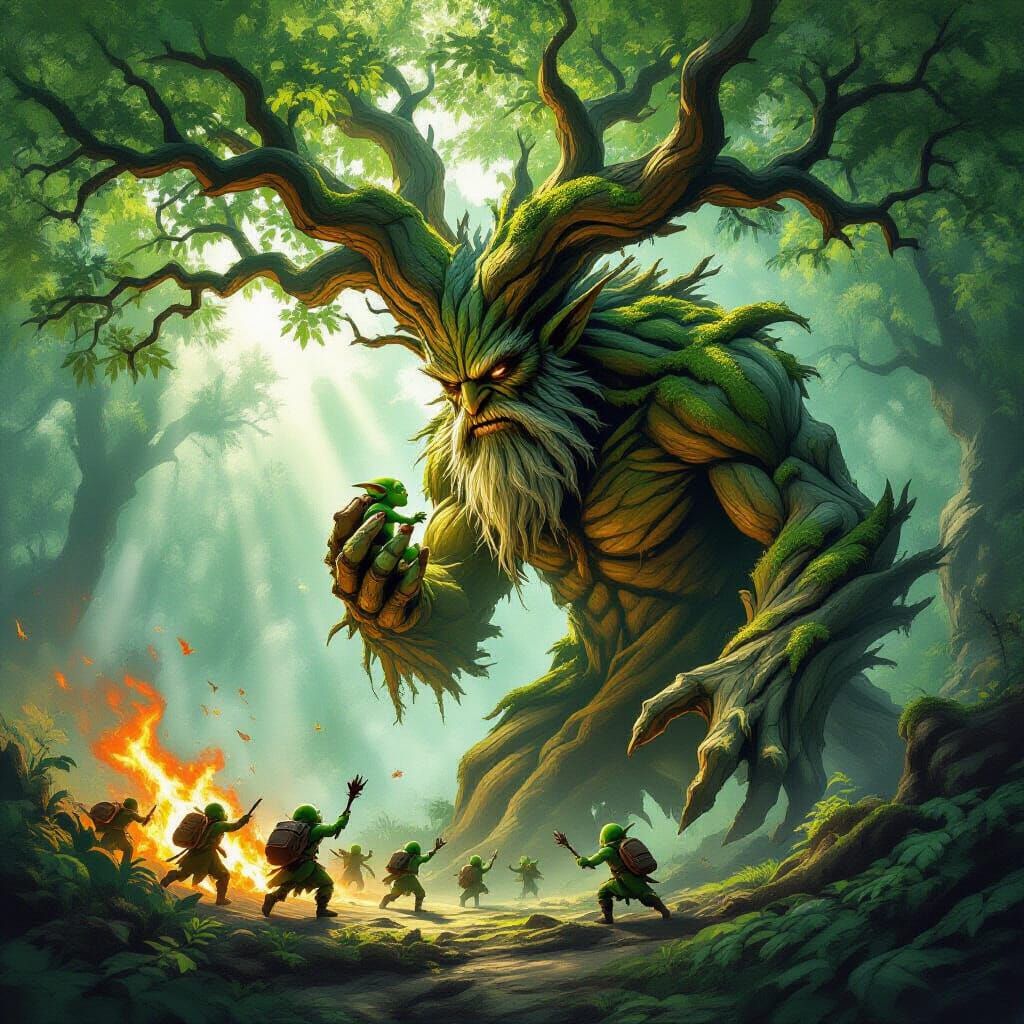 A giant red oak treant picks up and eats a goblin, and chases the goblin's friends after they tried to set him on fire. The goblins flee in ...
