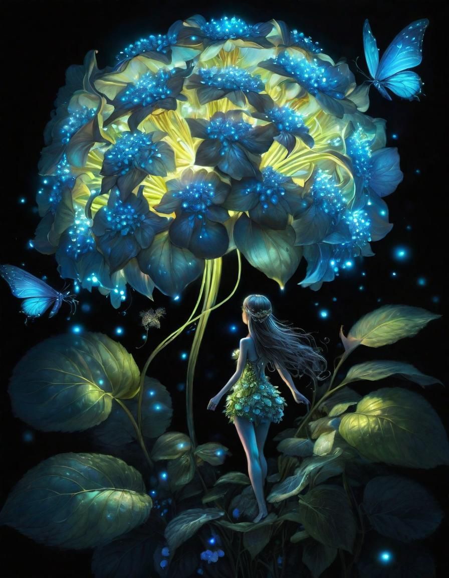 Fairy behind bioluminescent giant flower, glowing light orbs atmosphere   by @Tgr22