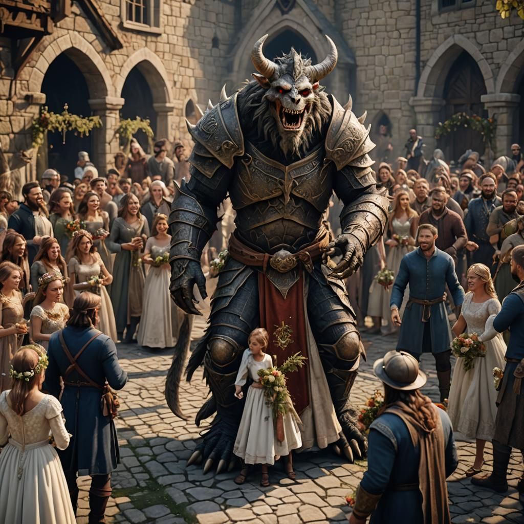 Medieval monster on his wedding party with lots of friends