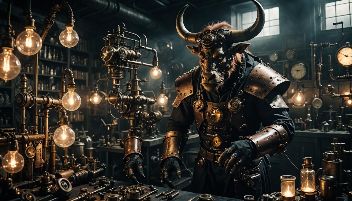 A steampunk minotaur with only one horn is doing dark scient...