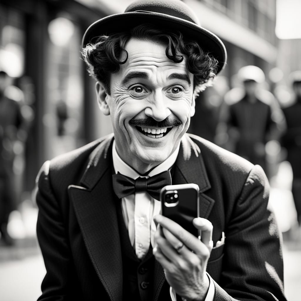Charlie chaplin laughing watching memes on an iphone  by @Nimbus