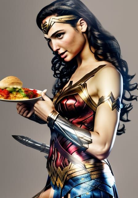 Gal Gadot, wonder woman, holding food tray, in superhero coz...
