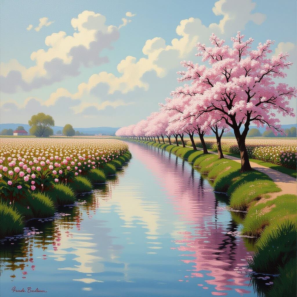 Romantic Landscape Painting of Cotton Fields and Cherry Blos...