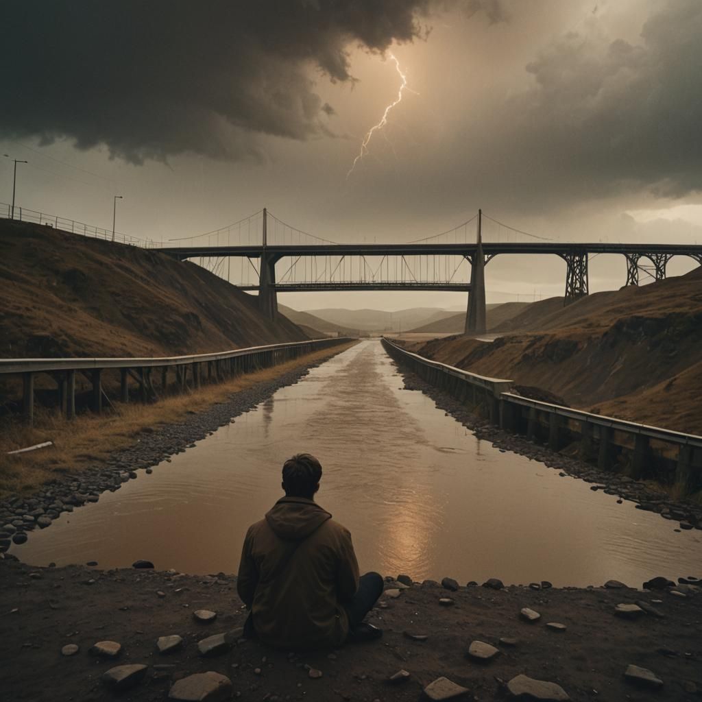 a man sitting with his back towards the camera in a lonely place with rain and thunder all around there's a bridge in the back ground with a...