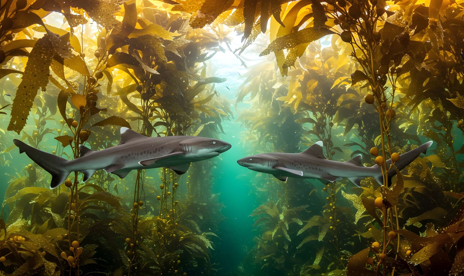 Two Sharks Swimming in a Kelp Forest