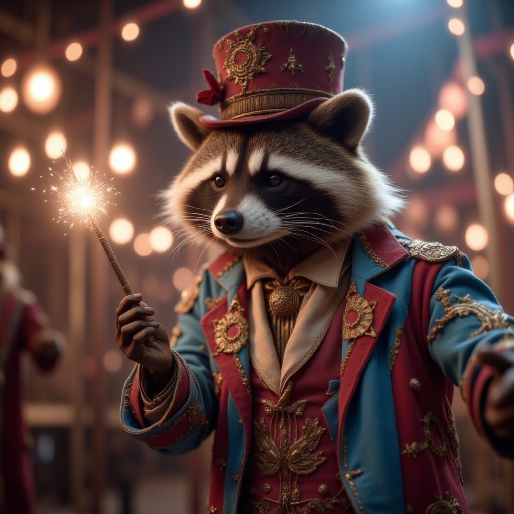 <lora:Cryptids:1.0> a hyper-realistic and cinematic photograph of a raccoon as the ringmaster in a circus, juggling balls, wearing a top ha...