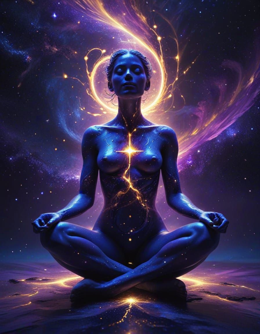 A mesmerizing digital painting of a serene, translucent human figure, seated cross-legged in a contemplative pose, with an ethereal glow ema...