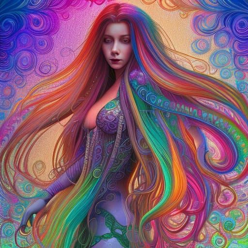 Rainbow Haired Woman in Rain, Detailed Digital Art