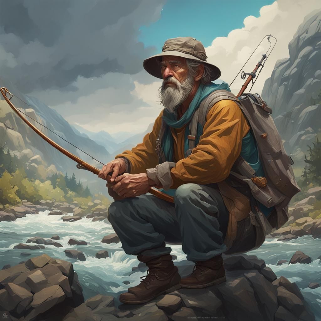 Fisherman on rough river mountain
