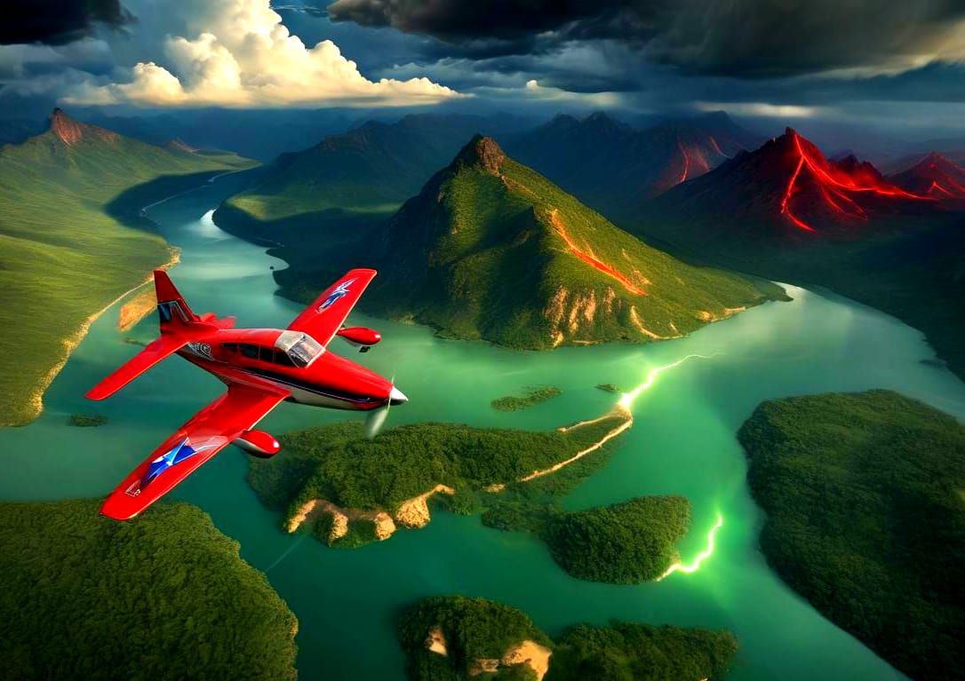 The red plane buzzes the green river