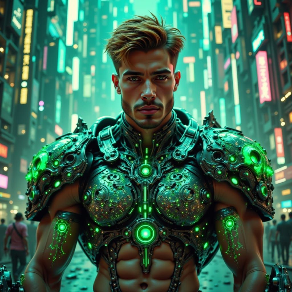 Handsome beautiful male brown hair bodybuilder , muscle fractals helix intricate celestial design black neon green armor mecha arms futurist...
