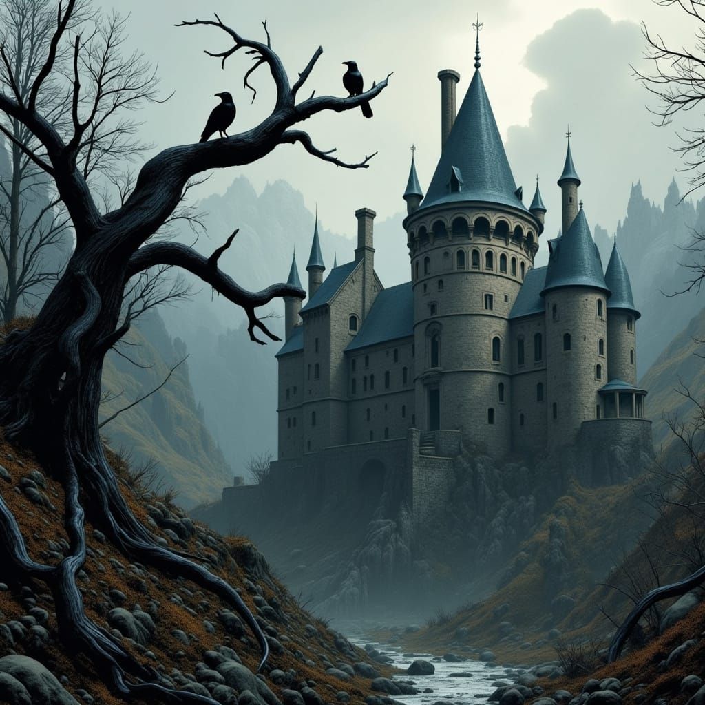 Un castello antico e grottesco, con un torrione di lato, ricoperto di edera nera, e un caseggiato dall' altro lato, una foresta e i corvi.  ...