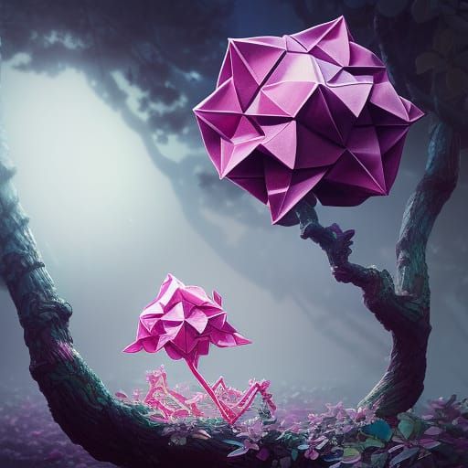 ""Photorealistic Beautiful origami tree. Pink origami birds"...
