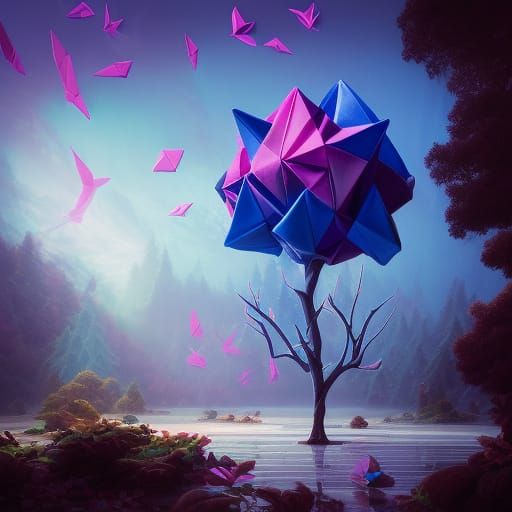 ""Photorealistic Beautiful origami tree. Pink origami birds"...