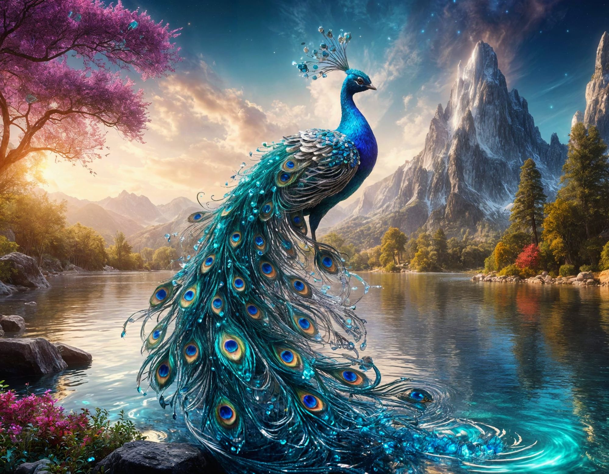 Elegant peacock with crystal ribbon colorful feathers