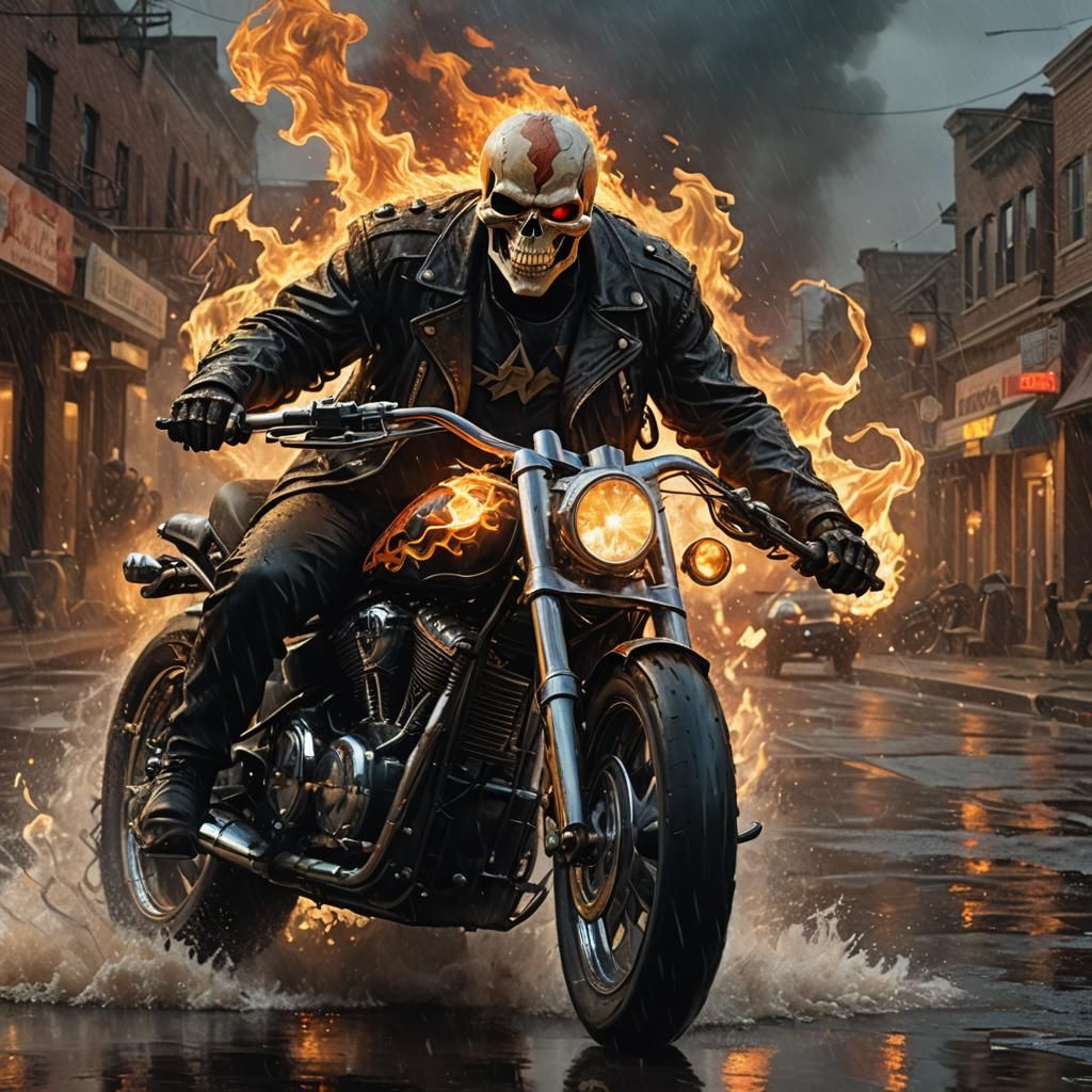 Ghost rider on his bike, and in the background a torrential fire ...