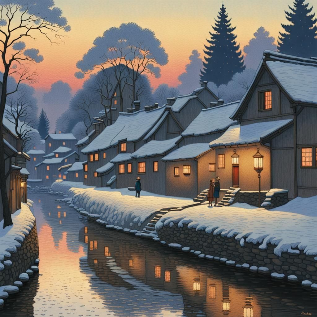 16k resolution, art by Hasui Kawase, Claude Monet, rural vil...