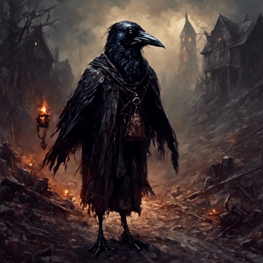 Traveling raven hobo merchant on a dark road, horror concept art, <lora:EffenMetal:1.0> 