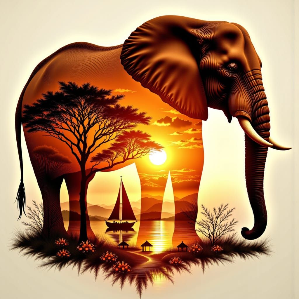 <lora:LS Double Exposure:1.0> ("Side view1/2 or 180° degree"). Double exposure art in which the sunset scene is completely merged with the o...