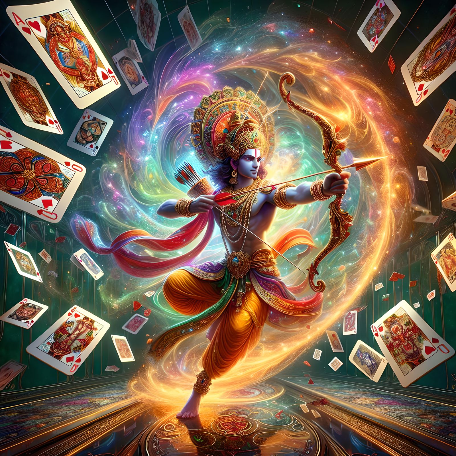 sri ramudu with bow and arrow ace of hearts stepping out of a playing card, pack of playing cards motion blur magic, Eld...