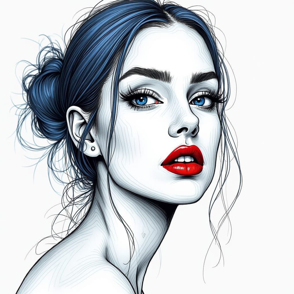 Drawing of a woman's face with red lipstick, in the style of bold dark grey and blue lines, made of wire, flawless line work, 3/4 profile ca...