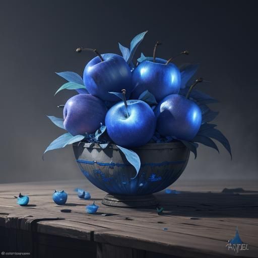 Blue apples that are lit up from inside.