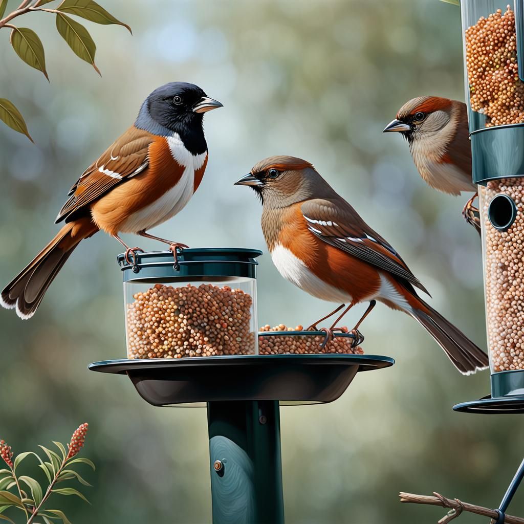 a pair of Rufus Towhees, a male and a female, visiting a bird feeder ...