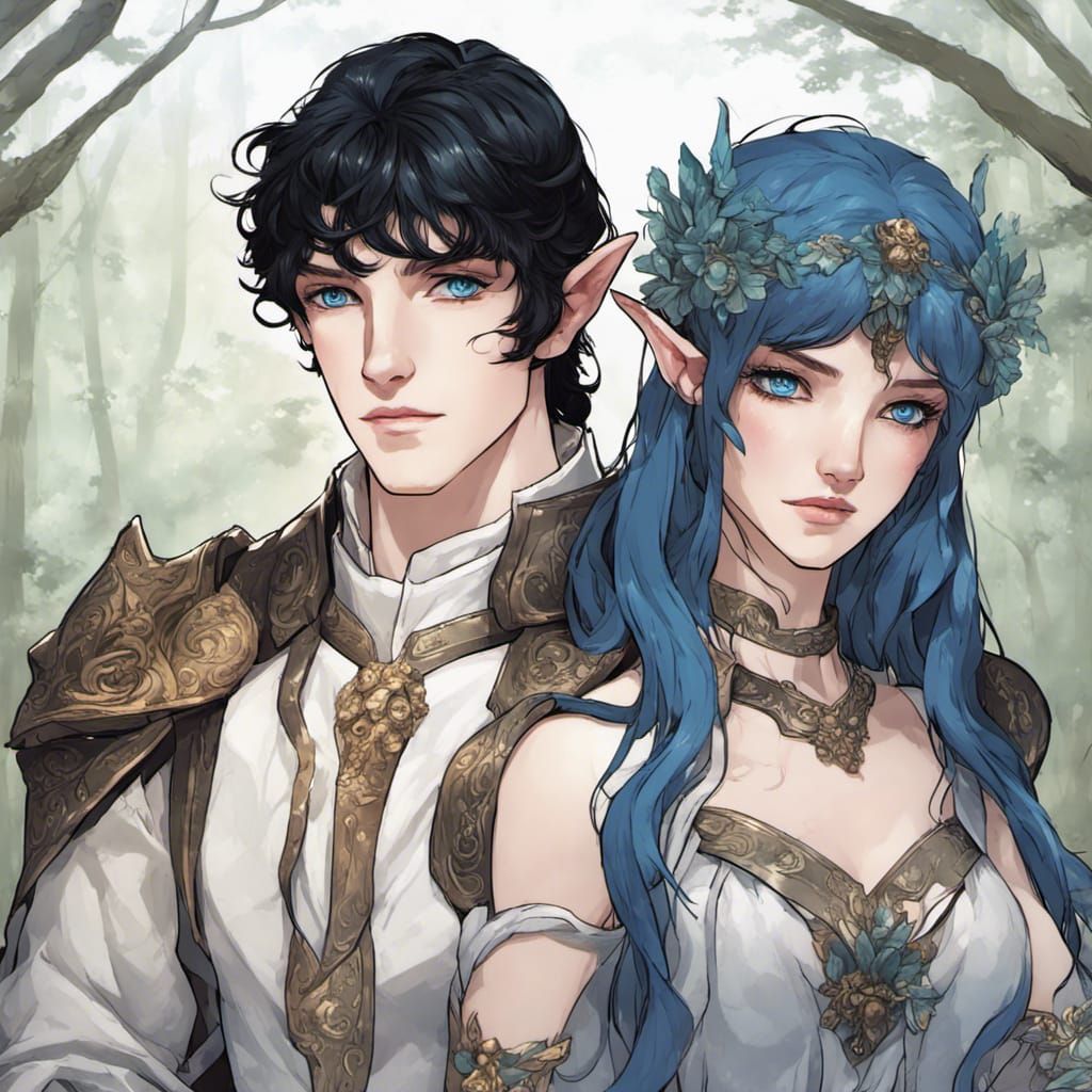 couple: elf woman with pale skin and black hair and blue eye...