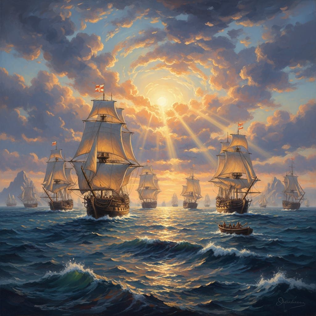 A nostalgic illustration celebrating the boats and ships that discovered the new world, masterpiece detailed, ...  by @Mthatha CHUMA 