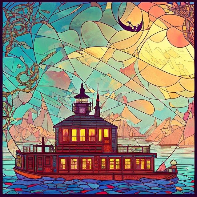 Barge under a stained glass sky