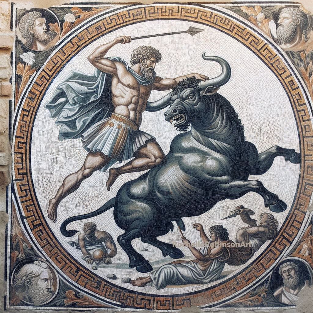 Theseus vs The Minotaur, Mosaic Wall Art