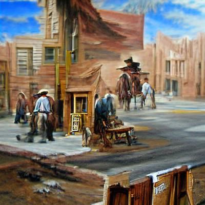old west detailed oil painting street scene