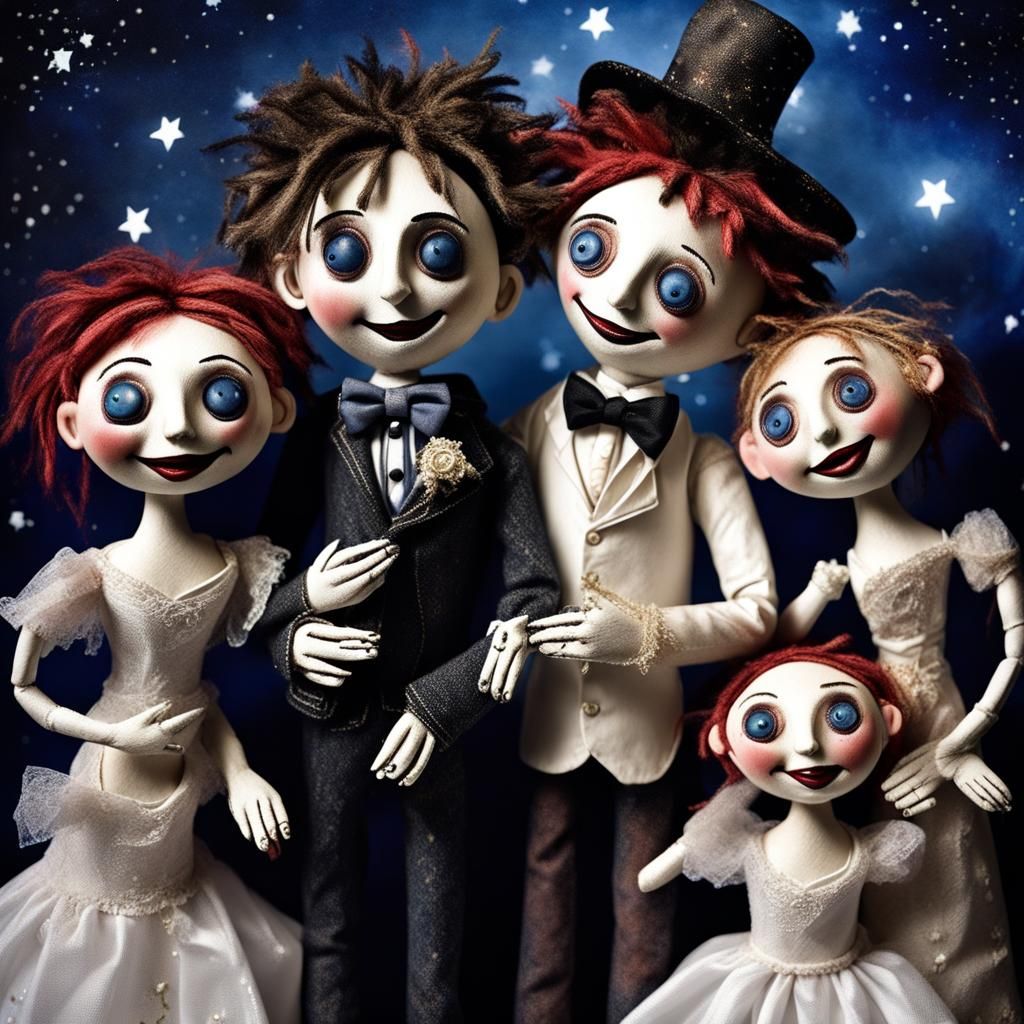 Raggy doll puppets wedding, smiling detailed