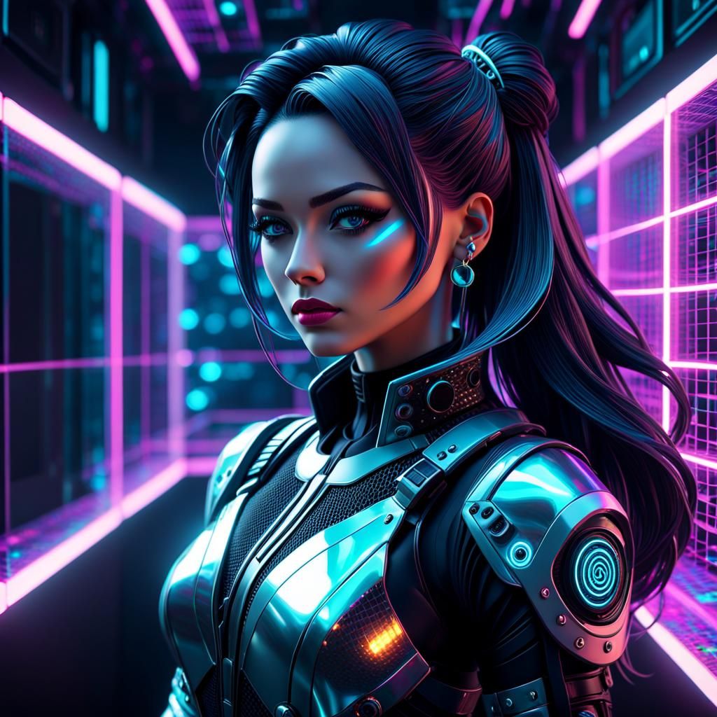 Cyberpunk girl, inside 3d holographic light grid, vapour wave aesthetic ...