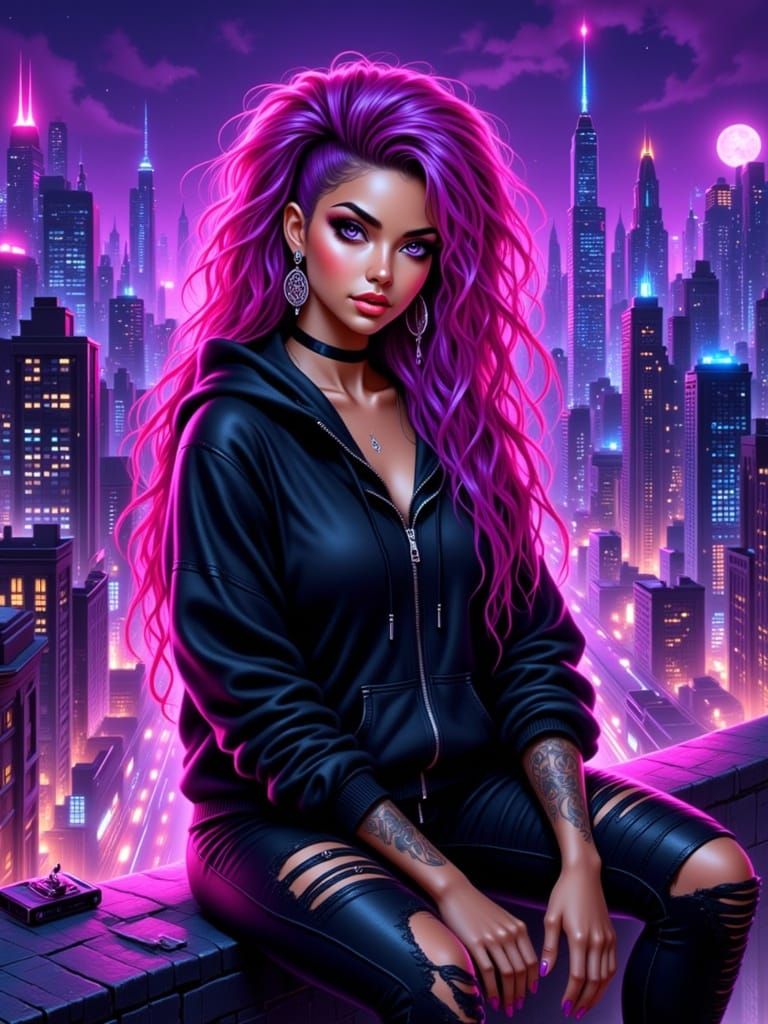 Bratz Style Cyberpunk Cityscape with Hispanic Woman