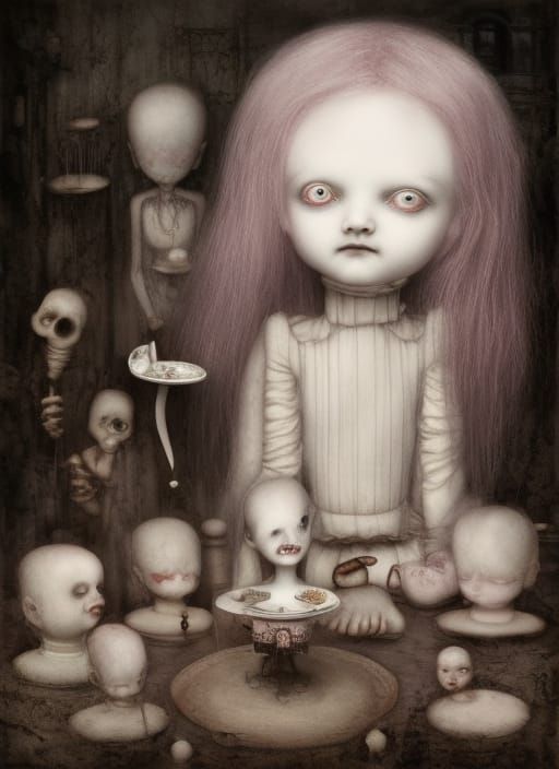 Beautiful white porcelain Doll drinking tea with other porce...
